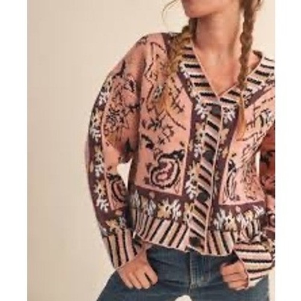 &merci En Merci Pink Paisley Floral Knit Cardigan Sweater Size L Striped Trim ep